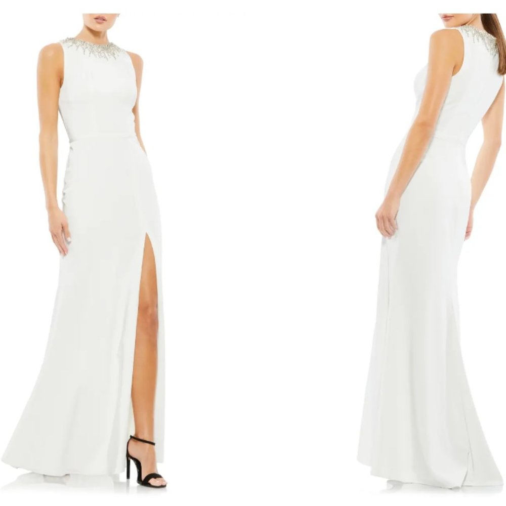 MAC DUGGAL BEADED CRYSTAL COLLAR WHITE THIGH SLIT COLUMN GOWN sz 14